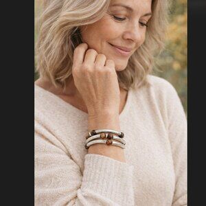 J. Jill Beaded Stone Bracelet Tiger's Eye Wood Hammered Metal Curved Silver Tone